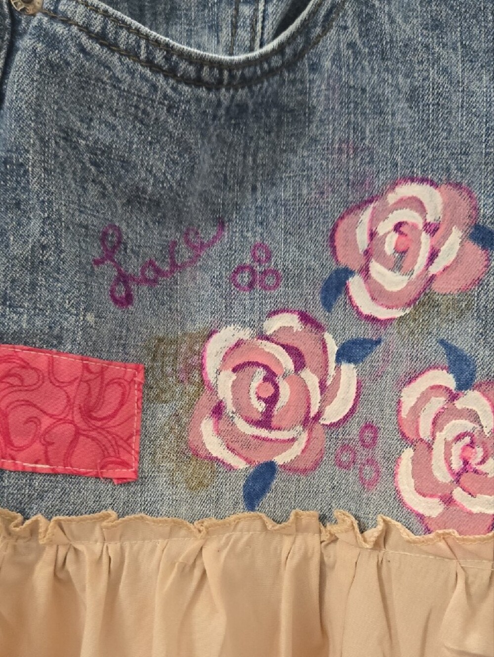Mudd Denim Upcycle with Pink Floral and Blush Tiered Maxi Skirt - Picture 4 of 9